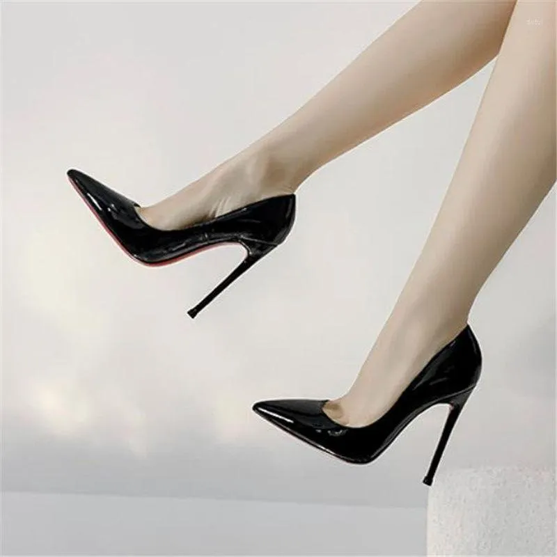 Dress Shoes 2023 Women Luxury Pumps Red Shiny Bottom Pointed Toe Black High Heels Thin Heel 12cm Sexy Wedding Party Ladies