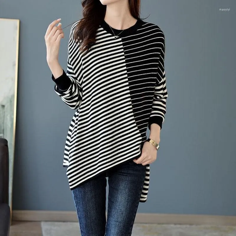 Womens Sweaters Autumn Winter O Neck Striped Spliced Drop Shoulder