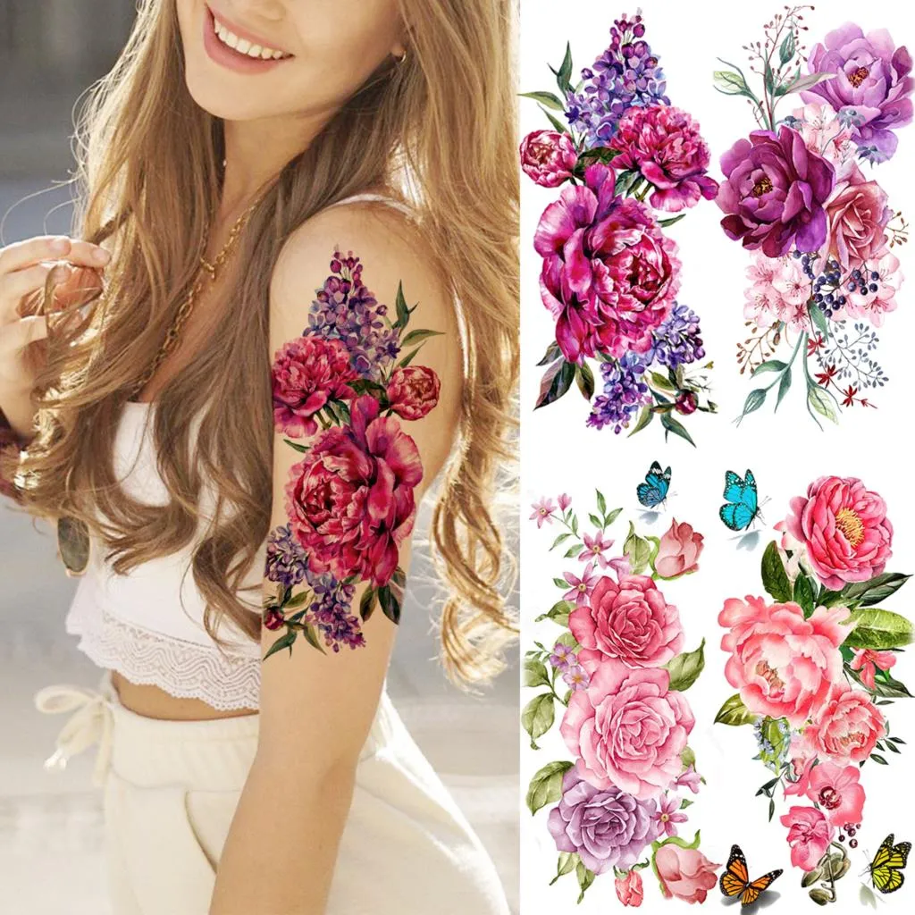 Watercolor Peony Flower Temporary Tattoos For Women Adult Girl Rose Butterfly Fake Tattoo Stylish Waterproof Arm Tatoos Sticker