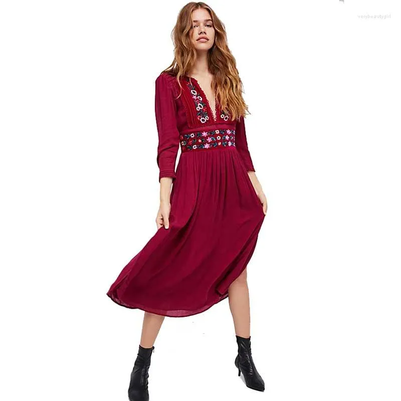 Casual Dresses Boho Inspired Women's Floral Midi Dress Three-quarter Sleeve Embroidery Neckline Hippie Chic Elastic Waist Women