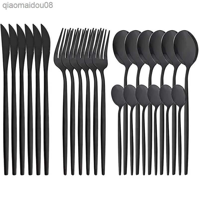 24pcs Black Dinnerware Set Stainless Steel Cutlery Set Fork Knife Spoon Tableware Flatware Set Festival Kitchen Dinnerware Gift L230704