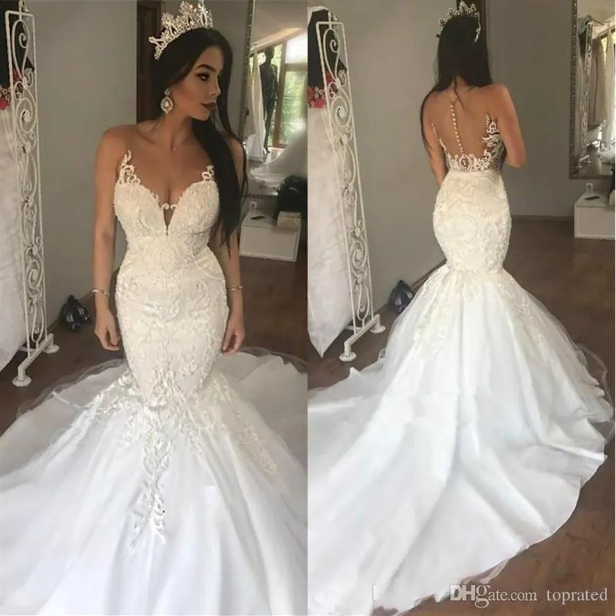 2020 nuovo arrivo treno arabo sirena abiti da sposa in pizzo Sheer aderente Plus Size Dubai abito da sposa africano Vestido de novia Bride293l