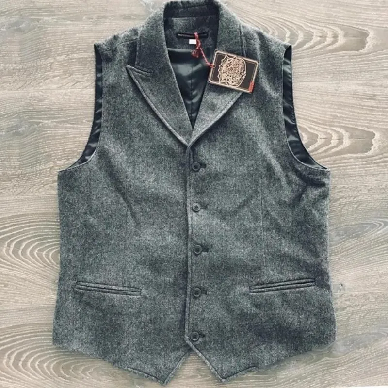 Coletes Masculinos Terno Colete Cinza Escuro Gola Sob Medida Lã Casamento Tweed Colete Jaqueta Casual Slim Fit Gilet Steampunk