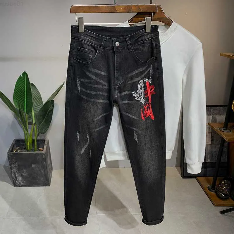 Heren Jeans Mode Mannen Jeans Chinese Borduurwerk Chic Designer Broek Casual Stretch Persoonlijkheid Mannelijke Streetwear Denim Broek L230724