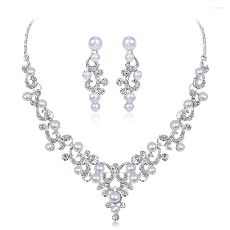 Naszyjnik Zestaw Vintage srebrny kolor kryształ perłowy kostium ślubny biżuteria