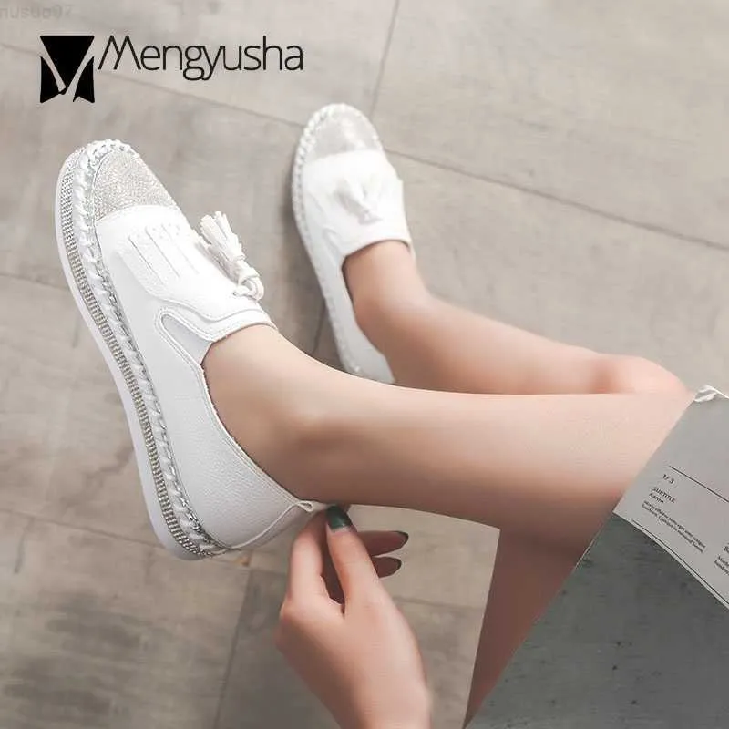 Chaussures habillées pour femmes Bling Crystal Espadrilles Chaussures Navy Bottom Mocassin en cuir véritable Slip On Creepers Ladies White Leather Flats L230724