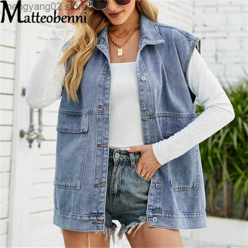 Women's Jackets 2022 Summer New Denim Waistcoat Sleeveless Women'S Vest Fashion Casual Long Jean Jacket Pocket Holes Loose Street Coat Gilet T230724