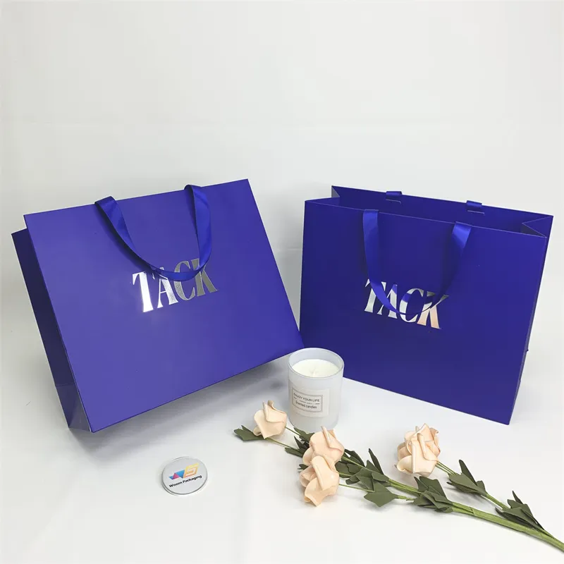 Custom Fashion Eco-friendly Blue Gift Shopping Bag Boutique Packaging Gift Paper Bag With Logo