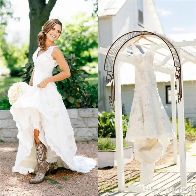 Elegant White Lace Rustic Wedding Dresses With V Neck And Cap
