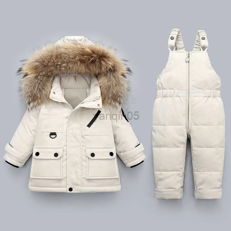 Down Coat -30 Baby Girl Chaquetas de invierno para niños 2 piezas Trajes Abrigos de cuello de piel para niños Monos infantiles Pantalones Niños Traje de nieve Conjunto de ropa HKD230725