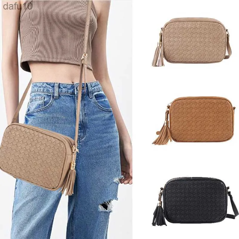 Women Shoulder Handbags Purse Vegan Leather Woven Tassel Square Camera Crossbody Bag 2023 New Fashion Trend Womens Bag Khaki L230704