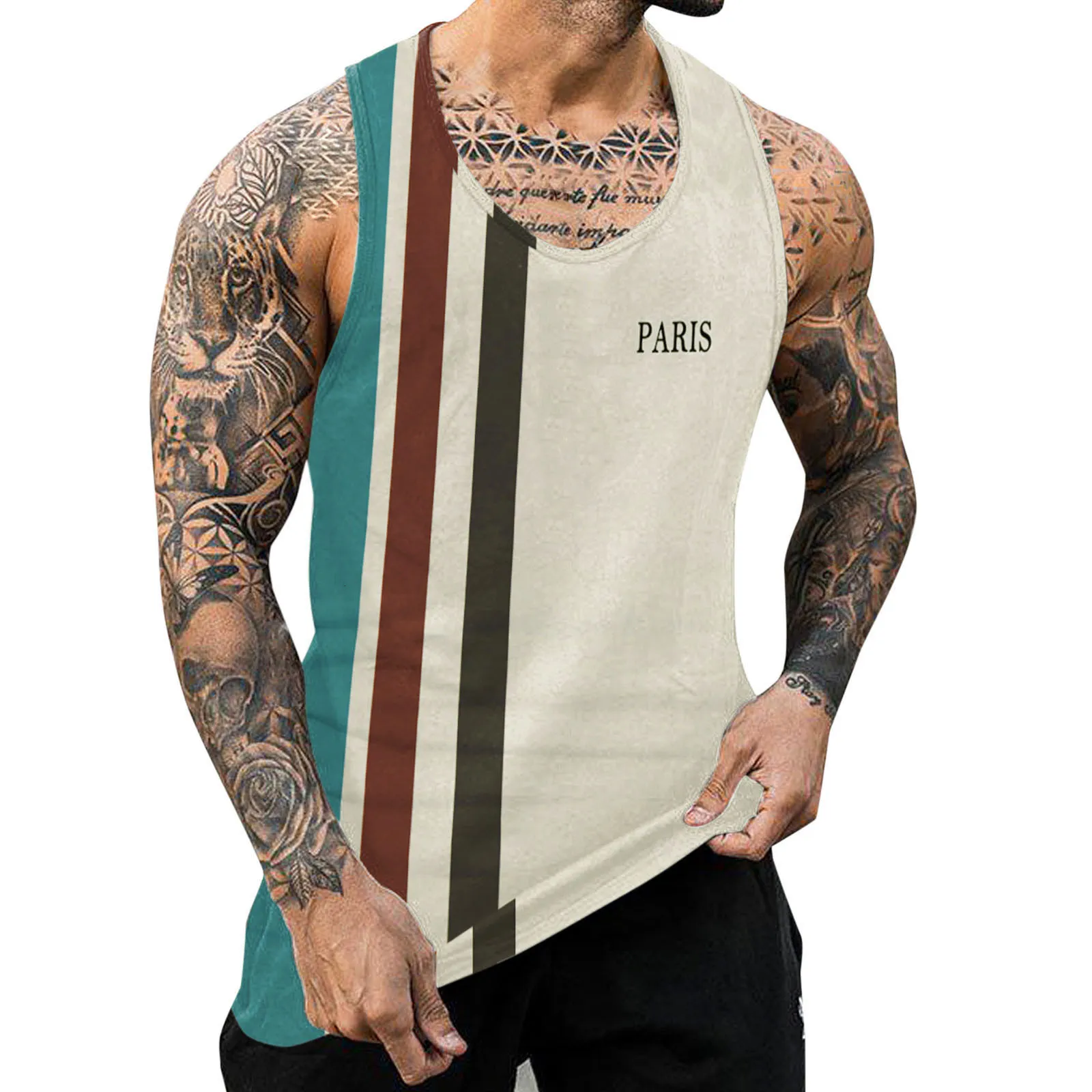 Hommes Débardeurs Homme Rayé Imprimer Gilet D'été Casual Col Rond Chemise Sans Manches Hommes Fitness Singlet Sportswear Workout Débardeur 230724