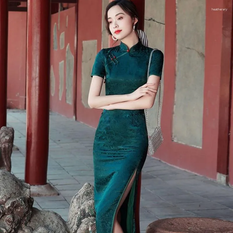 Etniska kläder Sheng Coco China Qipao Dark Green Rose Mönster Klänningar Kinesisk förbättrad stilklänning Lång orientaliska krage Chipao