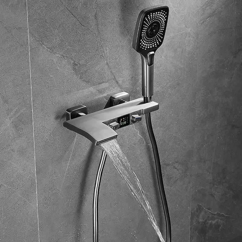 Schwarzes Bad- und Duscharmaturen-Set, Wandmontage, LED-Digitalanzeige, grauer Wasserfall-Duschmischer, Badezimmerarmaturen aus Messing