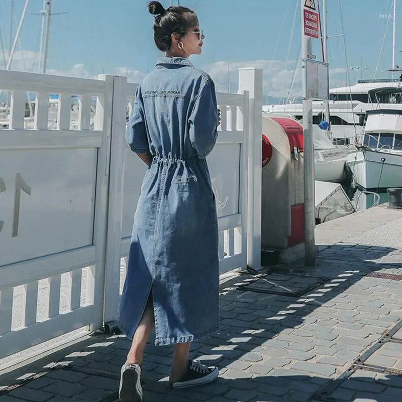 Korean Fashion Women's Maxi Denim Dress - Short Sleeved, Midi-Length, Split Thin, Elegant Casual Clothes for Summer Trend