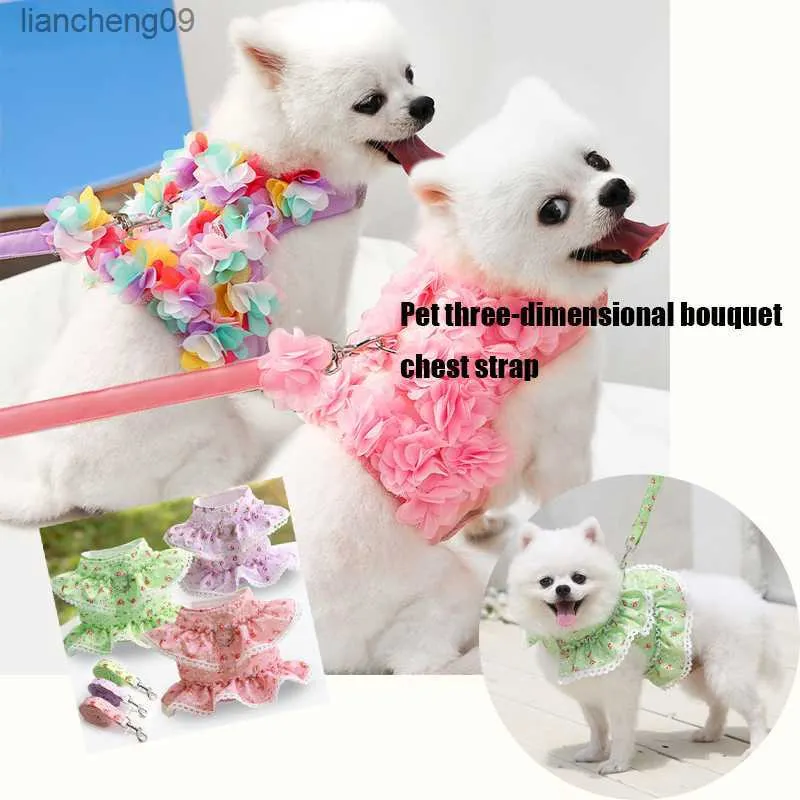 Bloemen Hond Harnas Vest Leiband Kleine Medium Comfortabele Mesh Harnas Voor Hond Kat Halsband Perro Leash Touw Hond accessoires L230620