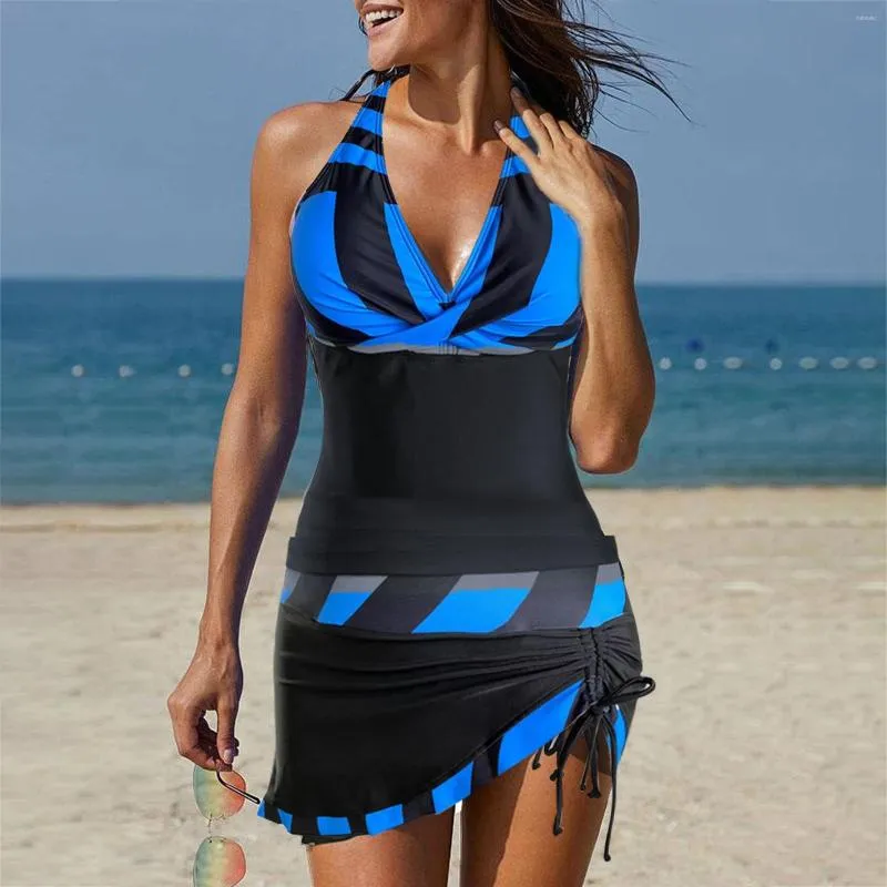 Dameszwemkleding Guard-jurk Tankini-zwempakken met rok 2-delig Feather Color Block Print Badpakken Tienerzwempak Meisjes