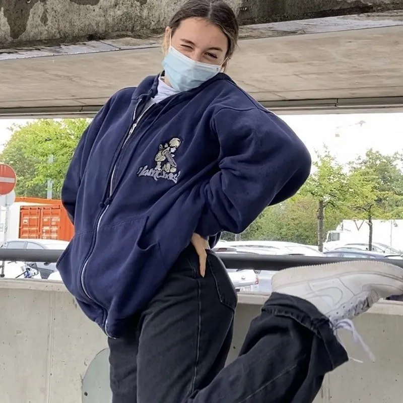 DHgate Vintage Navy Blue Embroidered Y2K Streetwear Zip Up Hoodie for Women Apparel