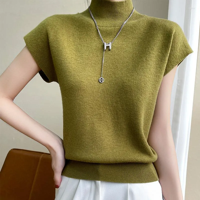 Women's Tanks Merino Wool Knitted T-shirt Summer 2023 Half Height Pullover Short Sleeve Vest Fashion Basic Solid Color Top