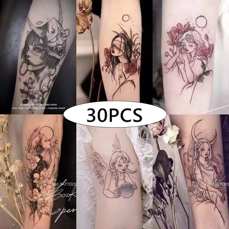 30 Vellen Zwarte Meisjes Nep Tattoo Stickers Voor Mannen Vrouwen Waterdichte Tijdelijke Tattos Body Art Arm Taille Decals Tatoos