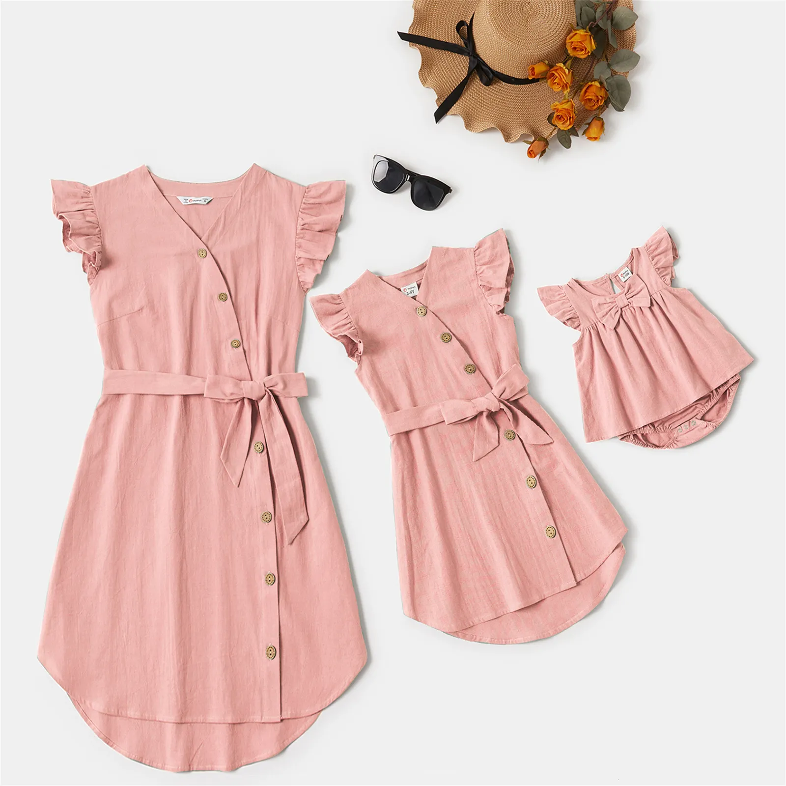 100% Cotton Solid Flutter-sleeve Matching Green/Pink/Army green Midi Dress