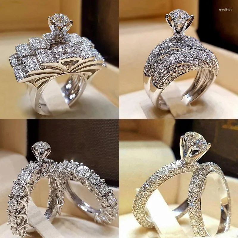 Anillos de boda, 5 uds., conjunto nupcial elegante para mujer, joyería de moda de compromiso de Color plateado con anillo femenino de circonita Cubiz brillante completo