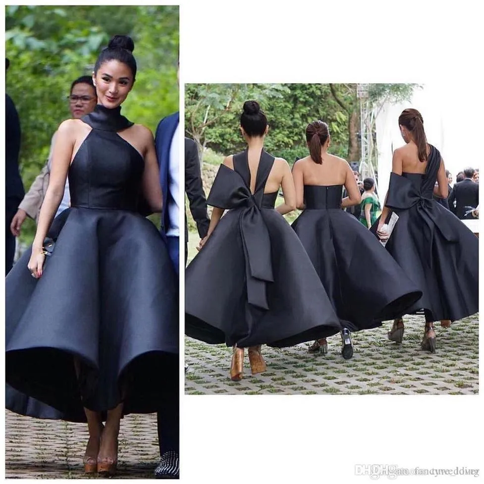 2019 Unique Design Thé Longueur Robes De Demoiselle D'honneur Halter Dos Nu Grand Arc Court Noir Demoiselle D'honneur De Mariage Invité Robes De Soirée Cheap283c