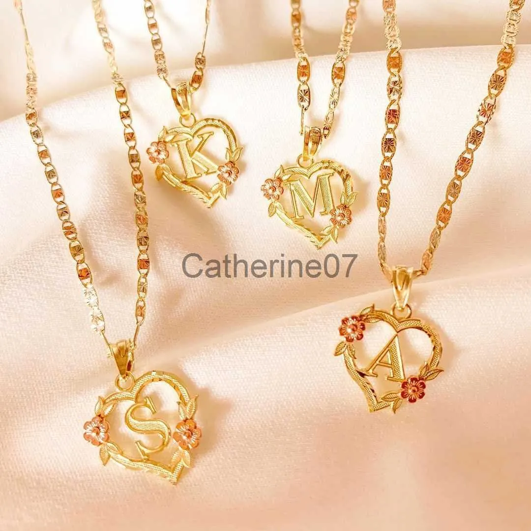 Pendentif Colliers PLAQUÉ OR PERSONNALISÉ COEUR FLEUR LETTRE INITIALE PENDENTIF AVEC CHAÎNE FIGARO 24 "4 MM Nom Collier Coeur Saint Valentin Cadeau J230725