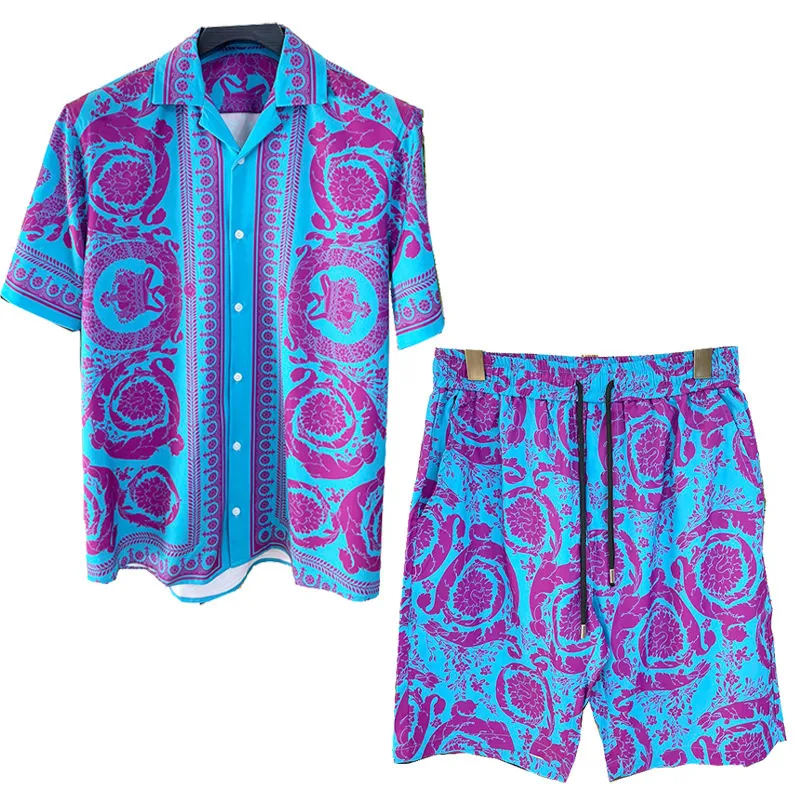 Herrspårar Summer Hawaiian Vacation Suit Luxury Flower Shirt Set 2 Pieces Fashion Märke Knapp Kort ärmkläder Casual Outfit 230724