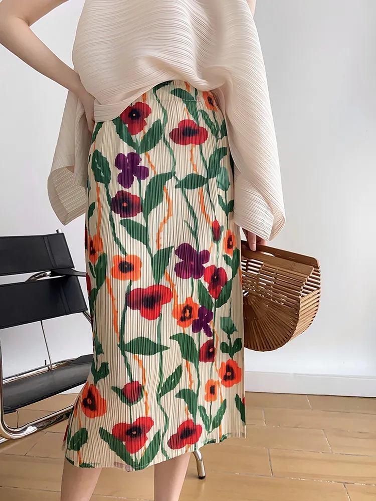 Etekler miyake pilili çiçek baskı yüksek bel arka dikiş düz deri kadınlar yaz Kore moda bel tasarımcısı giyim 230720