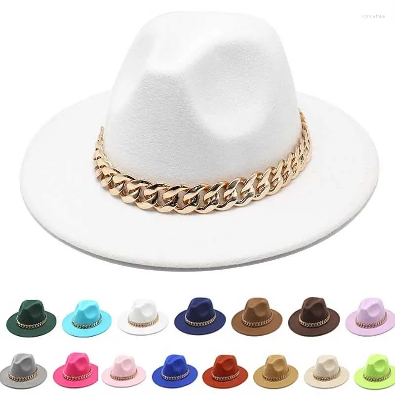 Berets Hat Women's Cap Jazz Gold Chain Fedoras Wool Felt Beach Hats Winter Women Men Trilby Caps Solid Colors Gentleman