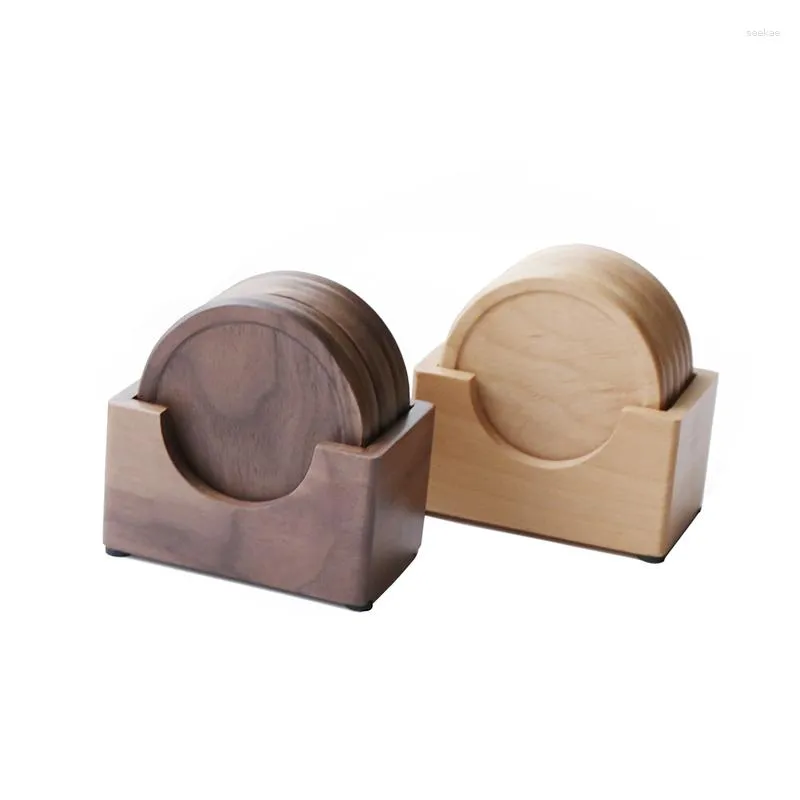 Bordmattor Rustik Eco Friendly Wood Set 6 bitar Holder Dricks Coffee Tea Tablett Möbler Skydd 9x9cm vardera