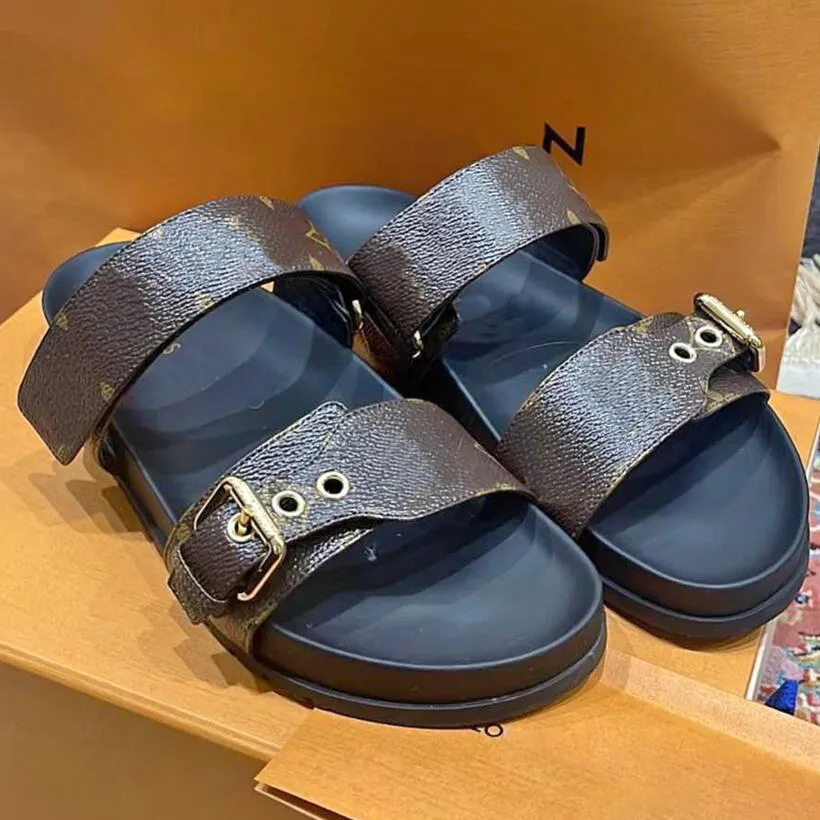 Designer Women Slides Leather Sandal Bom Dia Flat Mule Slipper