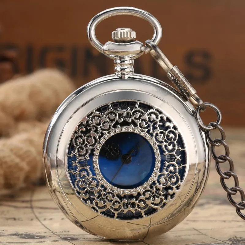 Pocket Saatler Kuvars Cep Saati Enfaz Yıldızlı Blue Dial Hollow Case Steampunk Vintage Kolye Kolye Retro Saatler Sesat Hediyesi 230724