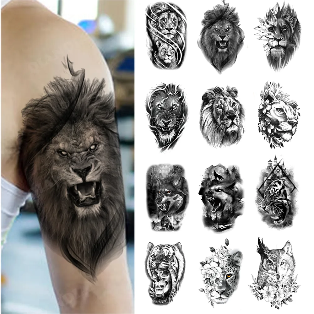 NOWOŚĆ 100PCS HURLE WODYPORPOOD TEMOSPORTO TATTOO ZKŁADA LIW Niedźwiedź Wolf Forest Man Lopard Skull Body Arm Art Rękaw dla kobiet