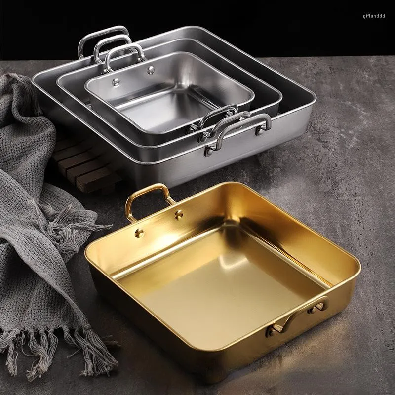 Platen Creatieve Dubbele Oor RVS Vierkante Plaat Gouden Gebakken Kip Frieten Platte Bodem Snack Tray Tiramisu