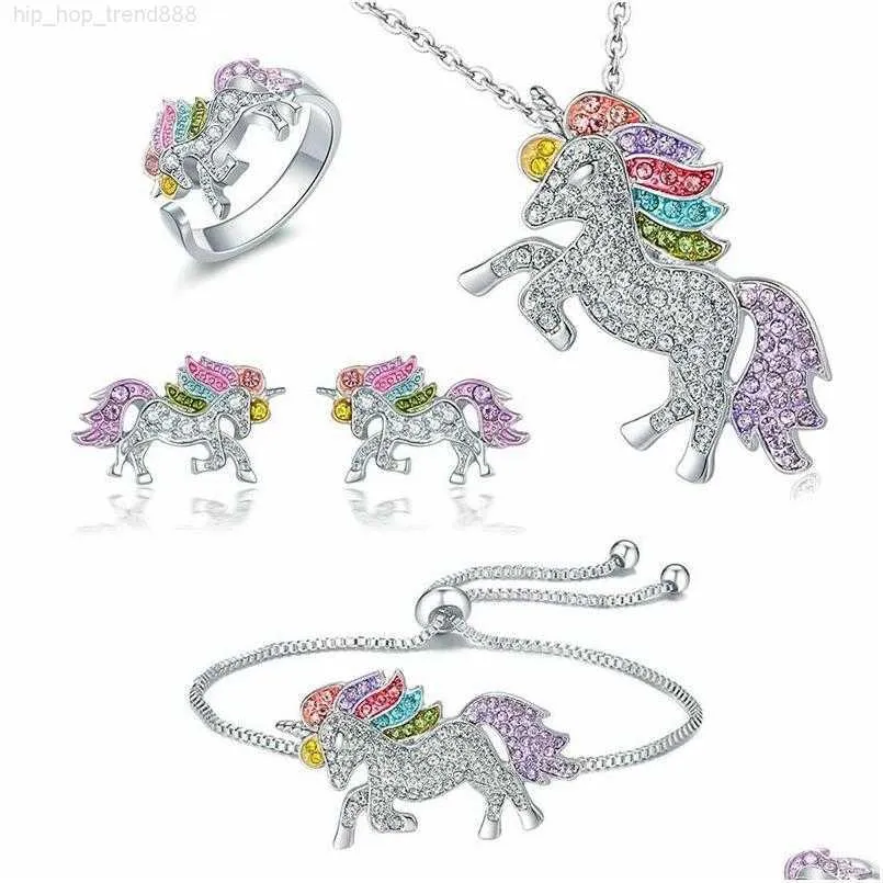 Bracelet boucles d'oreilles collier collier cristal licorne ensemble de bijoux mignon arc-en-ciel cheval or argent couleur anneaux pour femmes filles cadeau Dro Dhovb