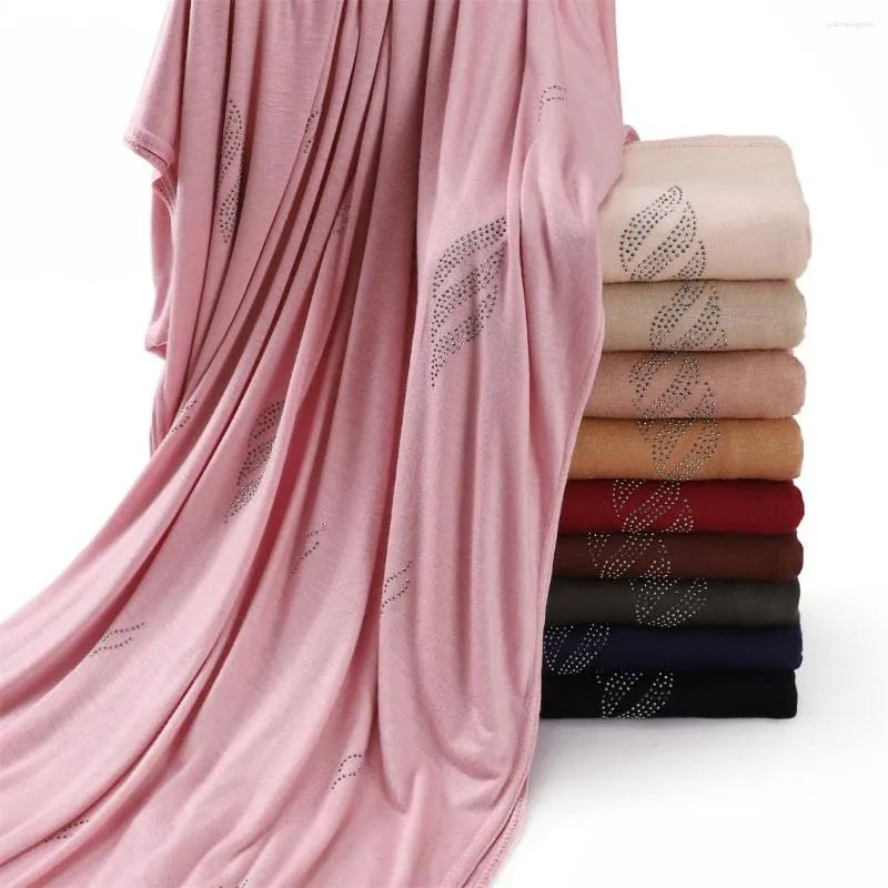 Scarves Rhinestone Floral Beads Modal Jersey Hijab Shawls Women Wrap Elastic Thick Muslim Full Cover Islam Foulards Bonnet Headband 2023