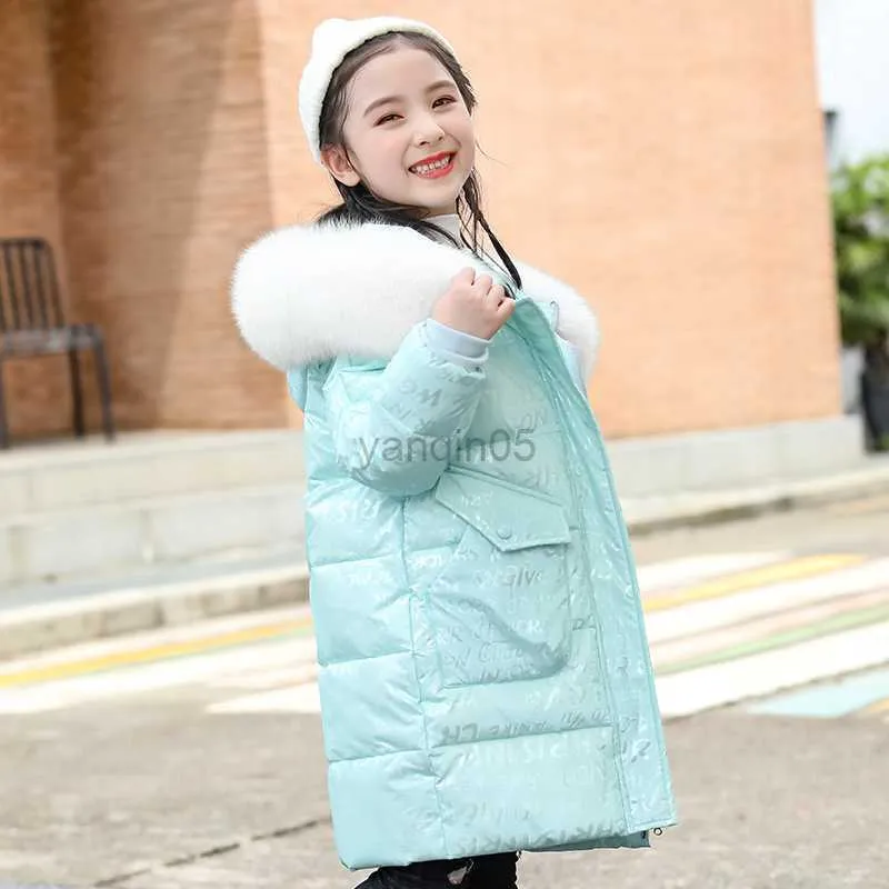 Down Coat 2023 Girl Winter Down Jacket Waterproof Shiny Letter Warm Long Girls Outerwear Coat 5-14 Years Kids Spädbarn Girl Parka Snowsuit HKD230725