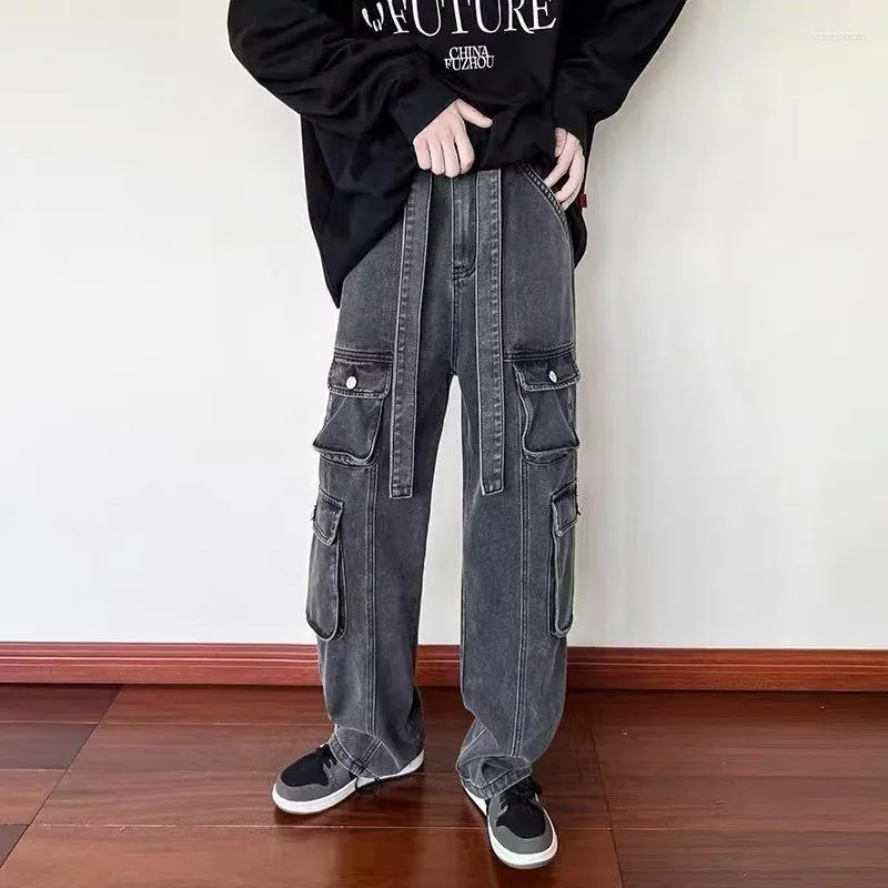 Heren Jeans Vintage Heren Jeugd Multi-pocket Riem Denim Broek High Street Wijde Pijpen Broeken Werkkleding Streetwear Mode Zwart Blauw