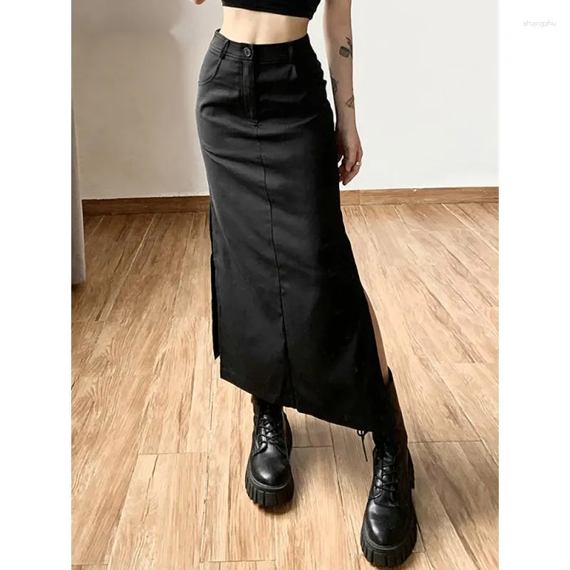 Jupes Grunge Casual Tag Split Femmes Midi Mall Gothique Punk High Raise Slim Jupe Longue Y2k Sexy Fashion Streetwear