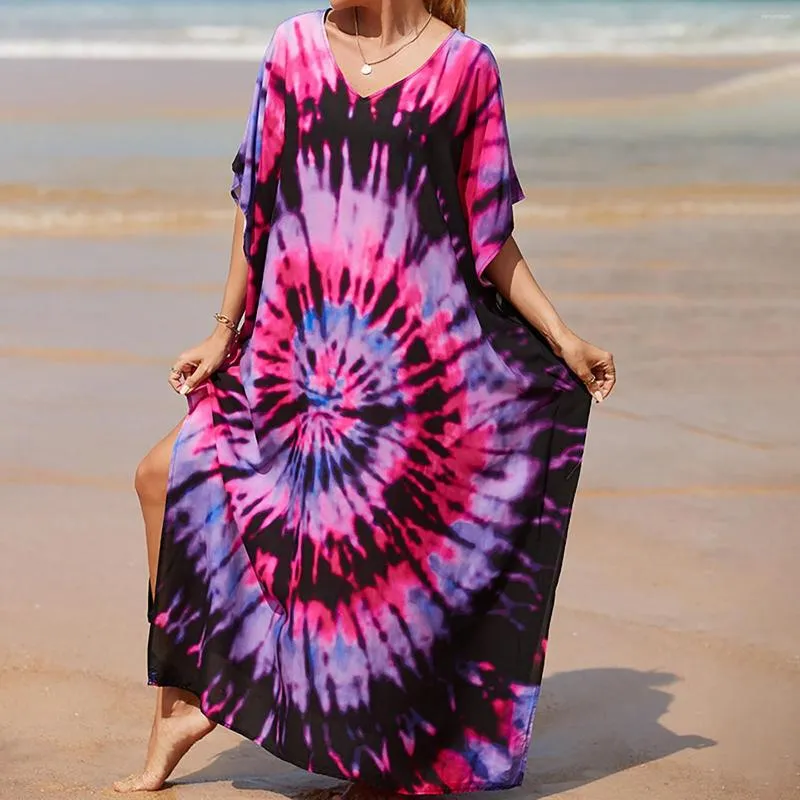 Vestidos casuais femininos vintage maxi 2023 verão sexy decote em v manga curta estampa boho longa praia feminina cobertura elegante robe