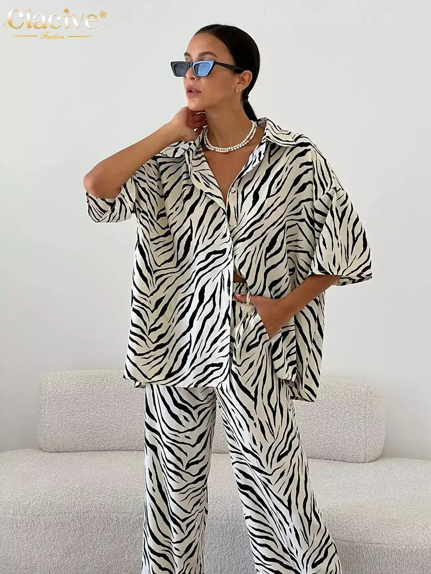 Calças femininas de duas peças Clacive verão solto zebra impressão 2 peças conjunto feminino elegante camisa de manga curta combinando calças de cintura alta conjunto feminino 230720