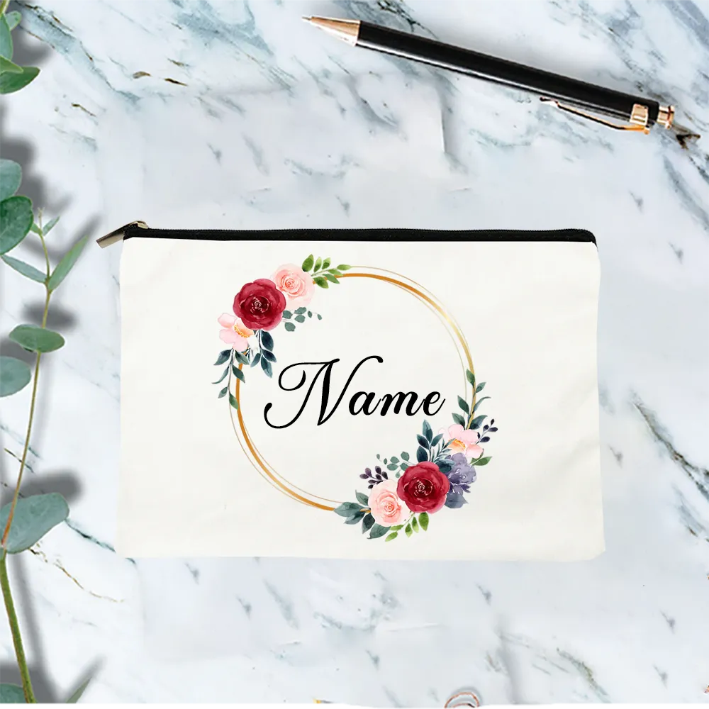 Bloemen krans gepersonaliseerde bruidsmeisje make-up tas reizen toilettas organisator make-up tas aangepaste Gift Canvans zakje Girls Trip Gift