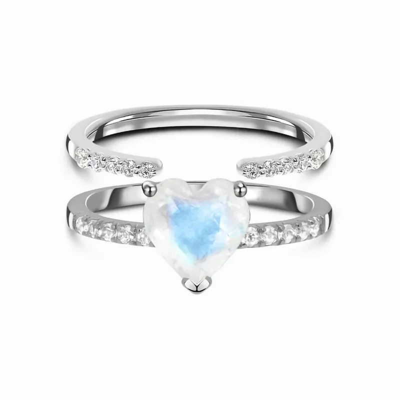 Heißer Verkauf S925 Sterling Silber Liebe doppelt eingelegter Diamant-Mondsteinring für Damen, kleine Menschenmenge, Designgefühl einfach