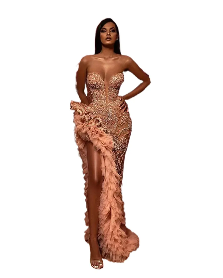 Aso Ebi Champagne Blush Mermaid Galajurken Sprankelende Kralen Ruches Hoge Split Sweetheart Arabische Avondjurk Gelegenheid Jurk