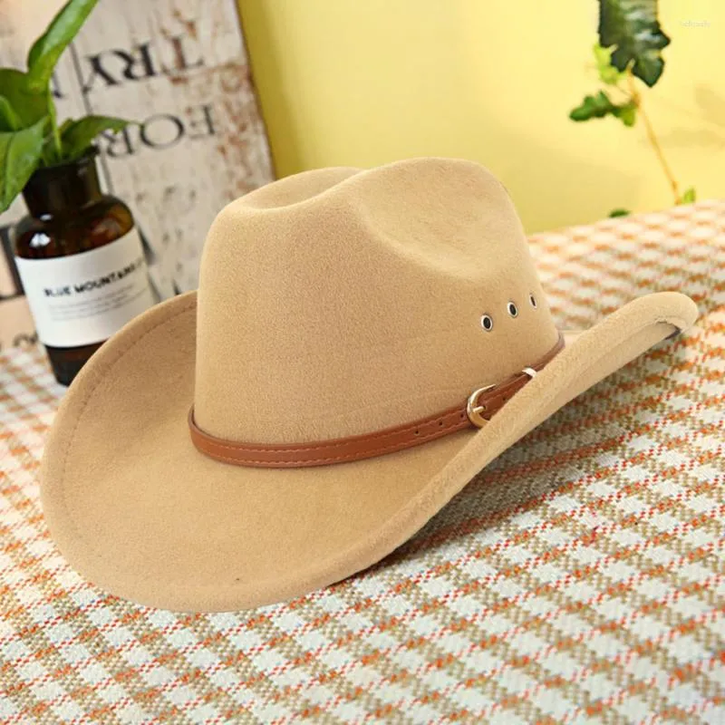 Berets Jazz Hat Ethnic Style Wide Brim Hemming Faux Leather Belt Decor Western Cowboy Cowgirl Fedora Fashion Accessories Sombrero