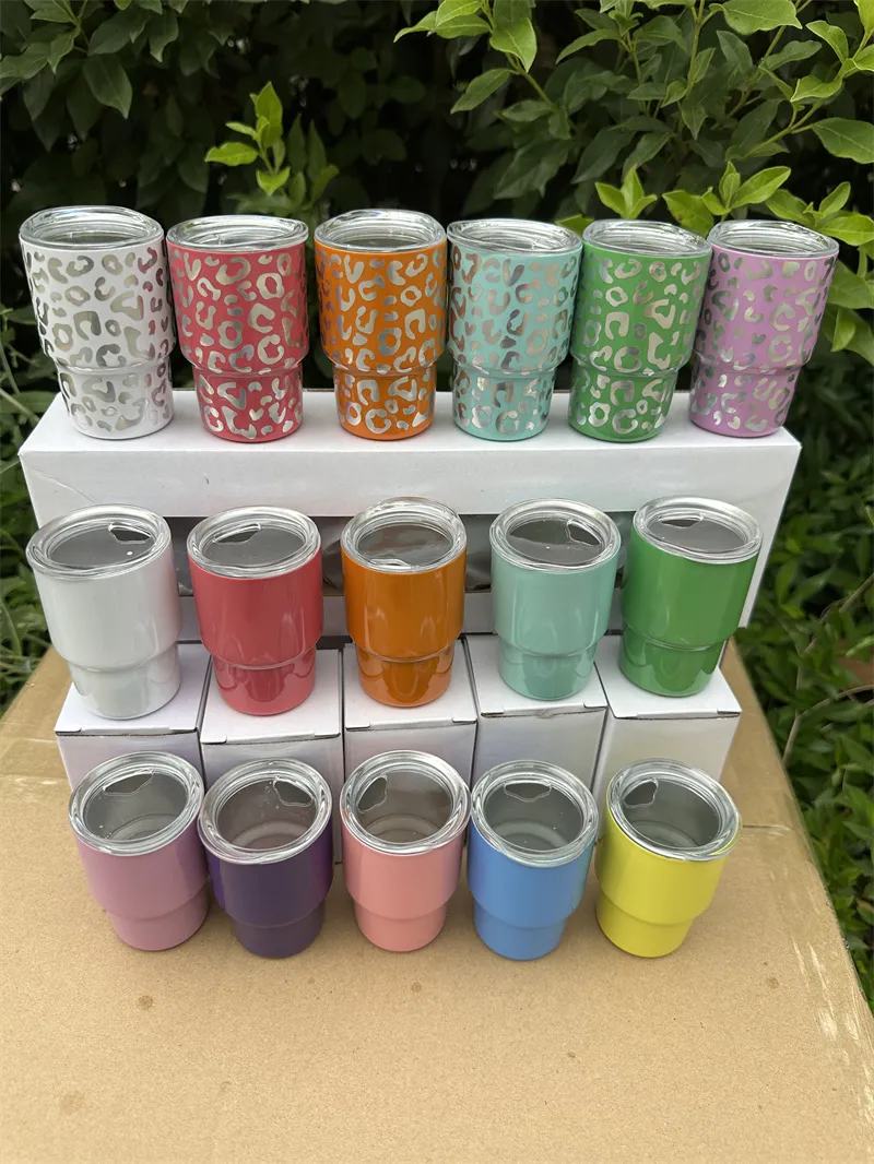 3oz Leopard Printing Shot Glass Blank Tumblers With Straw Stainless Steel Water Bottles Double Wall Insulated Cups Mugs 001
