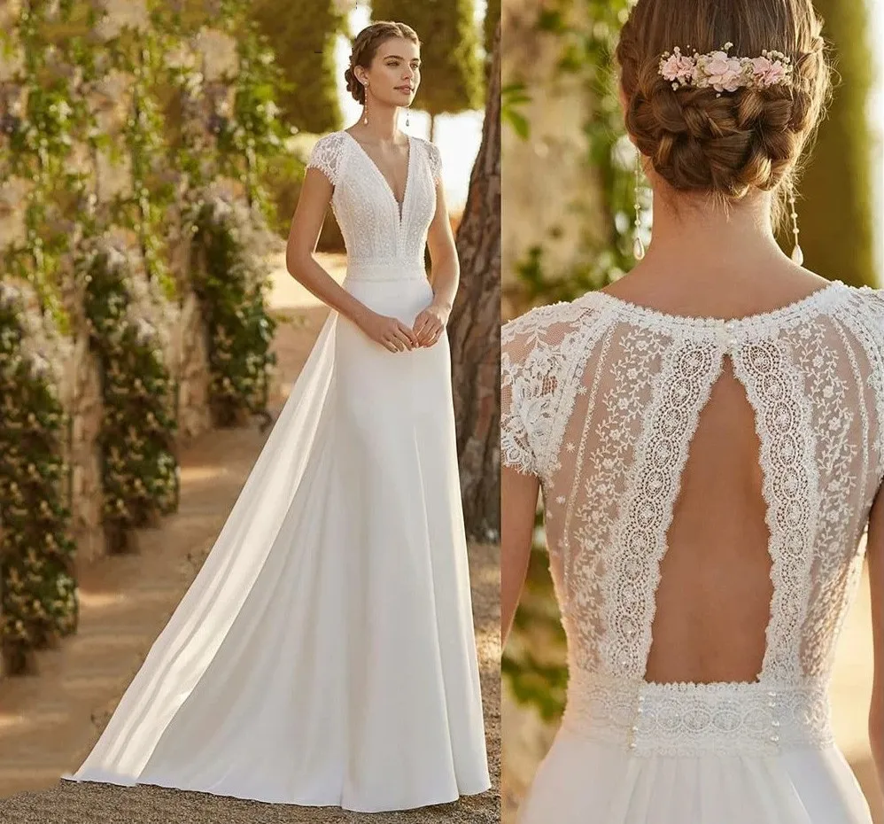 Abito da sposa moderno in raso in pizzo avorio 2024 con maniche da berretto a v-scollo da treno rimovibili abiti da sposa plus-out opletidos de noiva