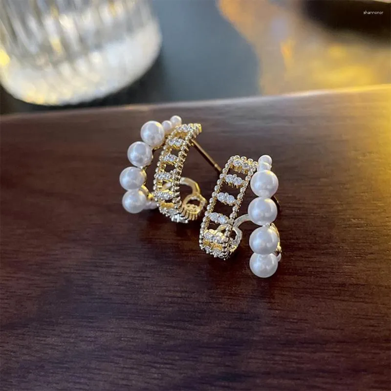 Stud Earrings Faux Pearls Cubic Zirconia Ornamental Niche Sparkling Split Hoop Jewelry